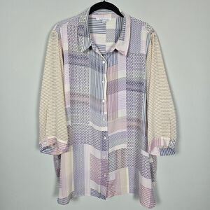 Rose & Olive Womens Geometric Button Up Top 2X Pastel 3/4 Sleeve Office Career